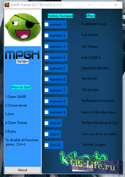 Чит меню для ГТА Сан Андреас и САМП 0.3.7 R2